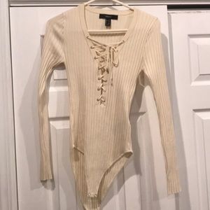 Forever 21 Cream Lace- Up Bodysuit
